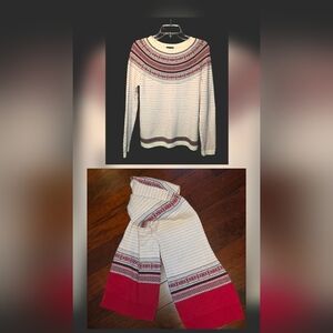 Women's Talbots Red and White 30% Lambswool Christmas Sweater Size S FREE Scarf